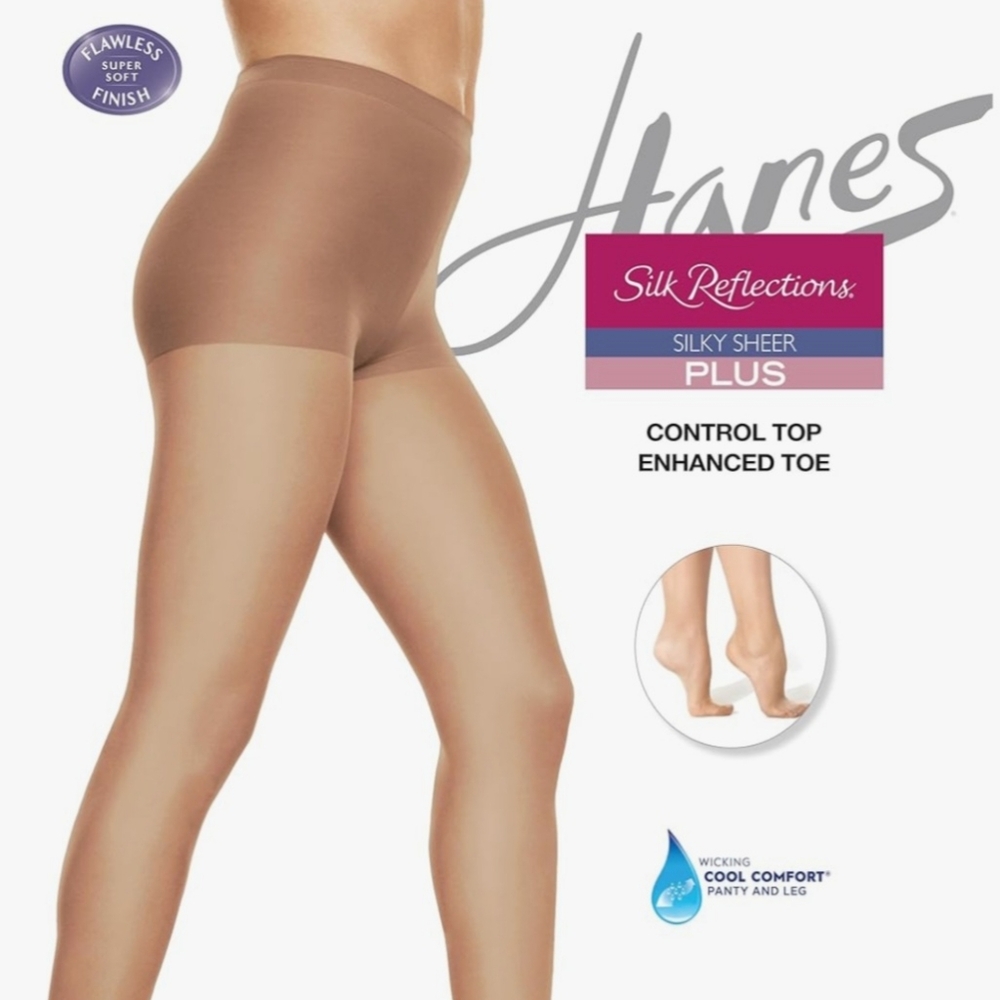 NWT 2-Pack Hanes Silk Reflections Plus Control Top Enhanced Toe- Two Plus, Nude - Picture 4 of 5